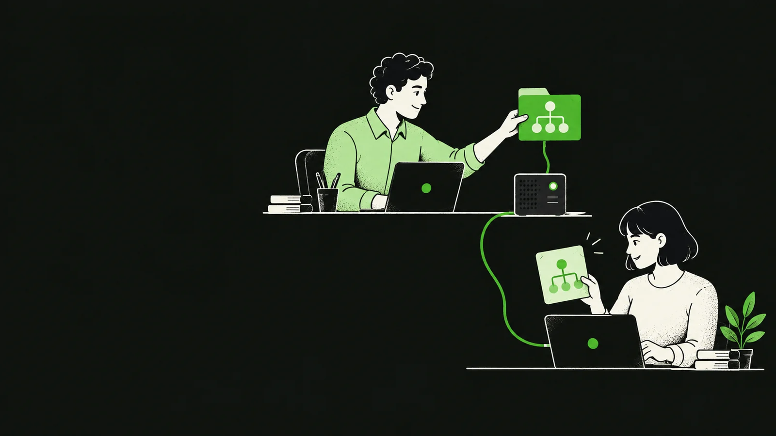 Bob shares a service from his desk. Alice uses it from hers.
